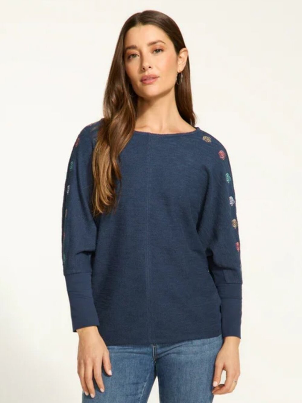Nessie Navy with Floral Details Batwing Top - FDJ French Dressing